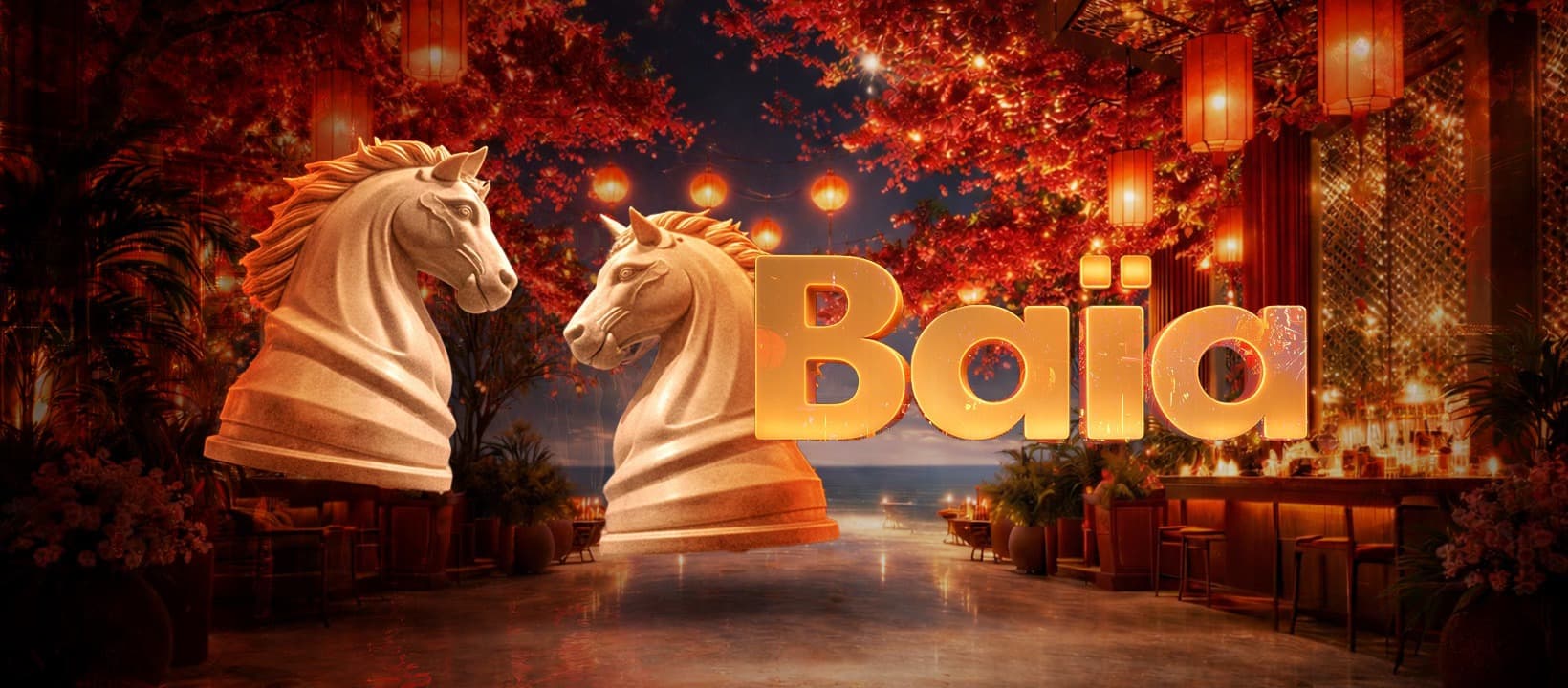 BAIA Saigon poster — tượng ngựa, đèn lồng đỏ, wordmark gold